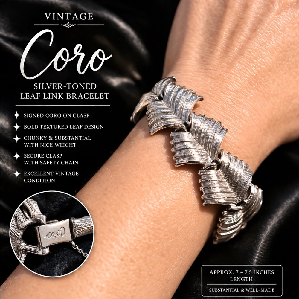 Vintage Coro Silver Leaf Link Bracelet Chunky Textured Statement Signed
